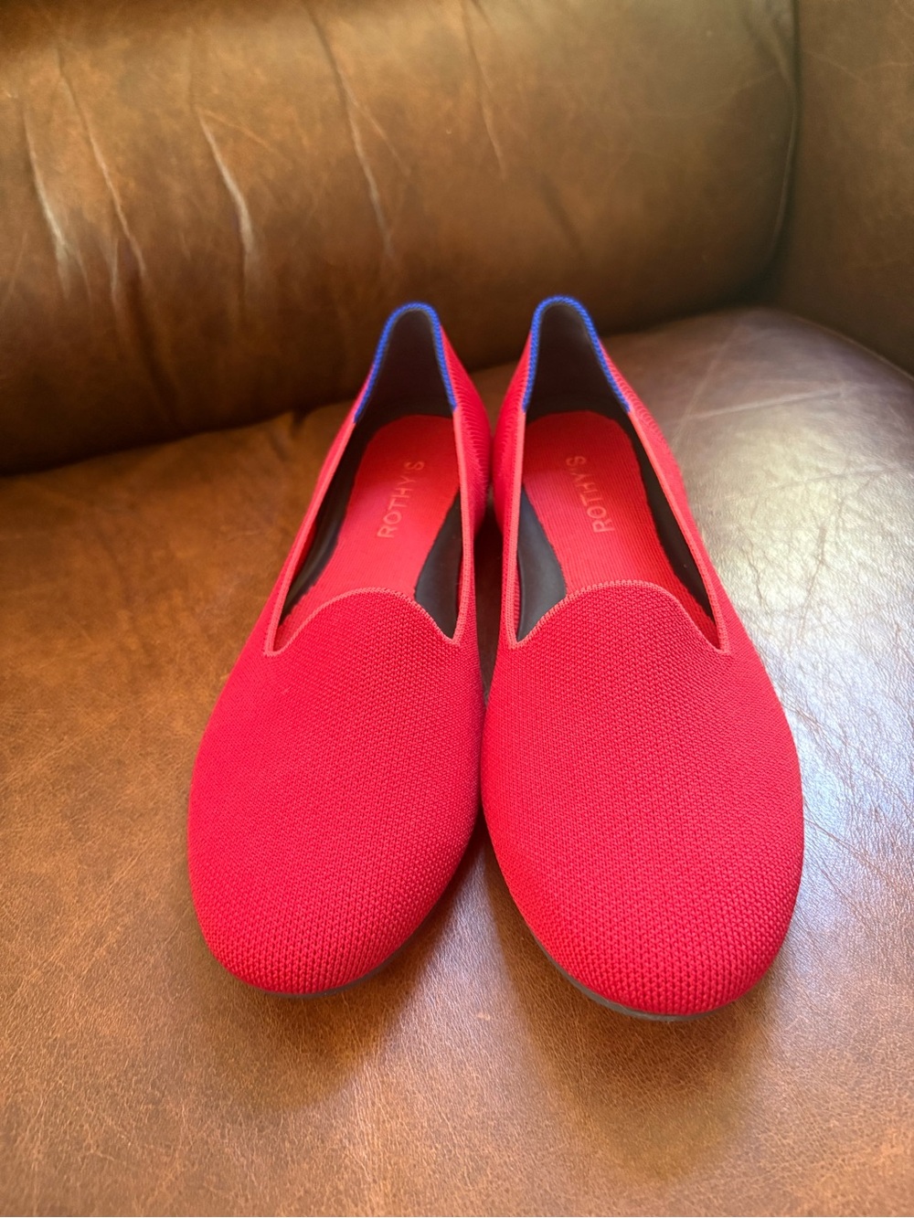 Rothy's Red Knit Slip-On Loafers with Blue Trim